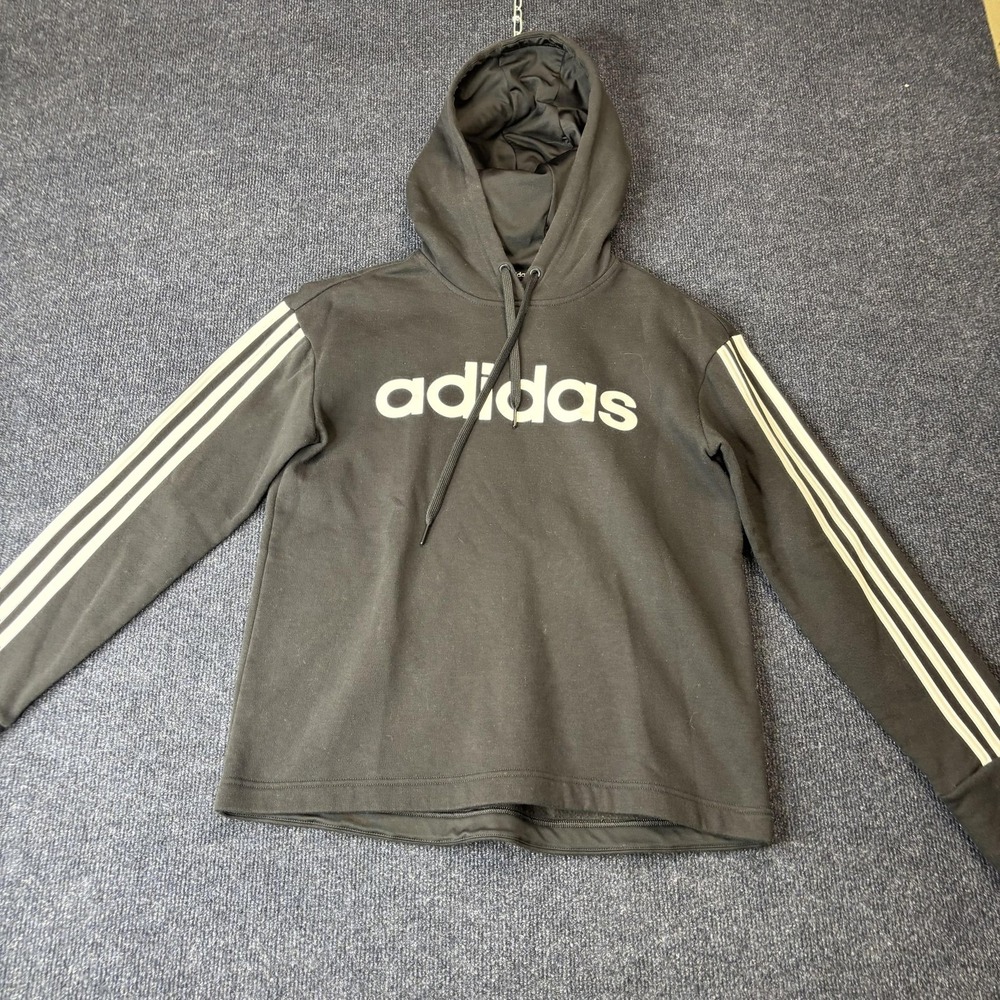 Adidas Hoodie Youth Medium Black Fleece Pullover Sweatshirt 3-Stripes Logo